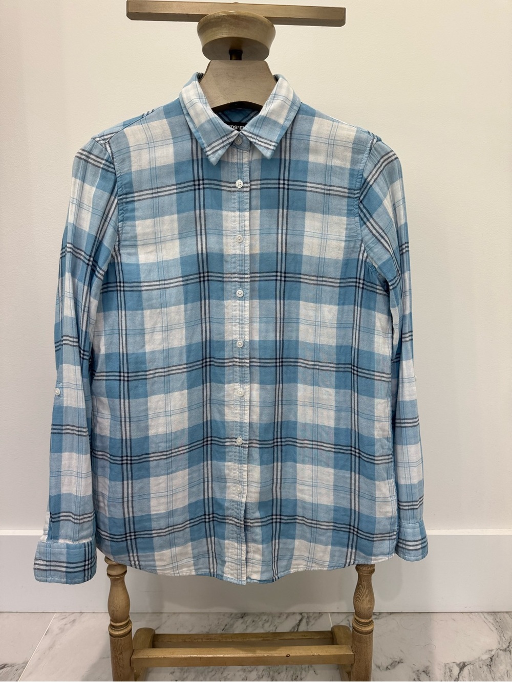 Lands' End Light Blue and White 100% Cotton Plaid Button-Down Shirt